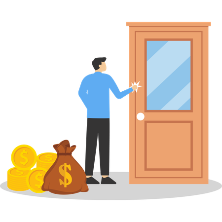 Man with money bag knocking on door  Illustration