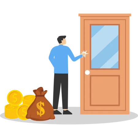 Man with money bag knocking on door  Illustration