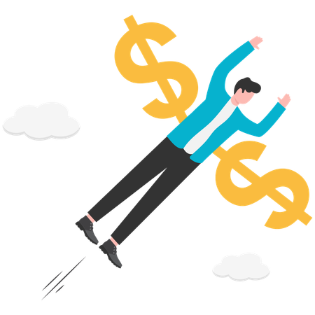 Man with money wings take off and fly to the sky  Illustration