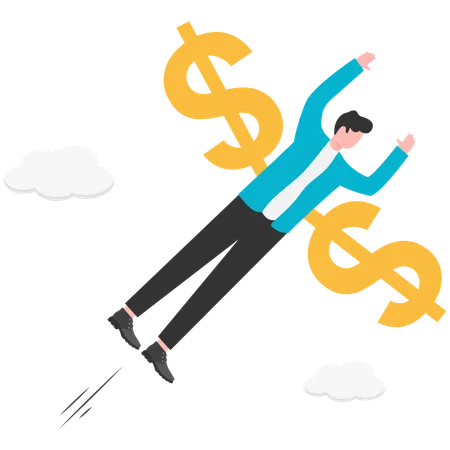 Man with money wings take off and fly to the sky  Illustration