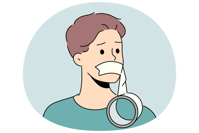 Man with mouth taped shut embarrassed by lack opportunity to speak out and censorship  Illustration