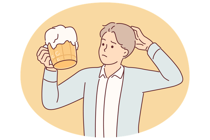 Man with mug beer scratches head and doubts whether it is necessary to drink ale containing alcohol  Illustration