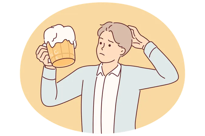Man with mug beer scratches head and doubts whether it is necessary to drink ale containing alcohol  Illustration