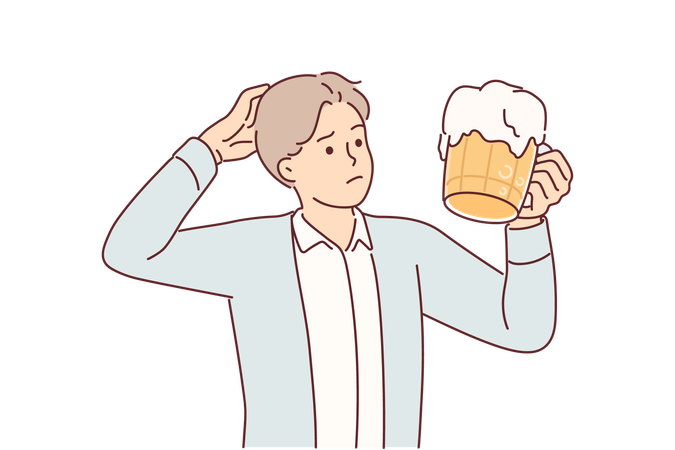 Man with mug beer scratches head and doubts whether it is necessary to drink ale containing alcohol  Illustration