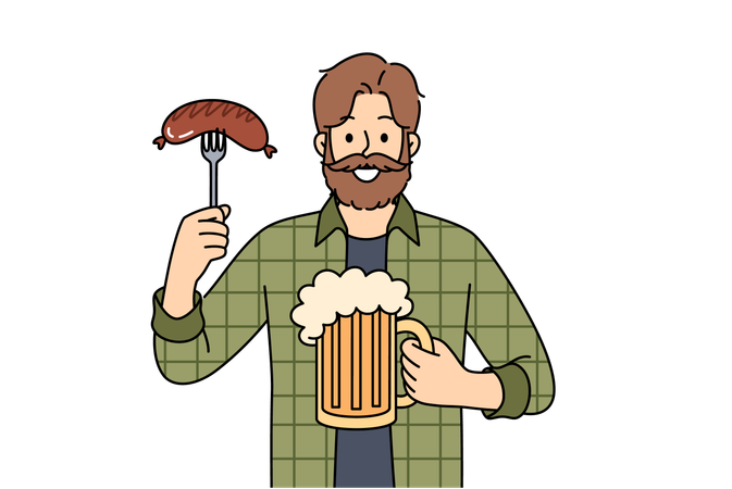 Man with mug of beer in hands and Bavarian sausage smiles  Illustration