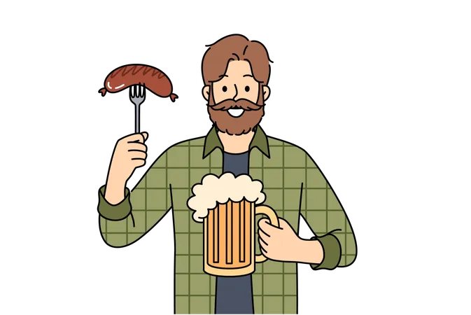 Man with mug of beer in hands and Bavarian sausage smiles  Illustration