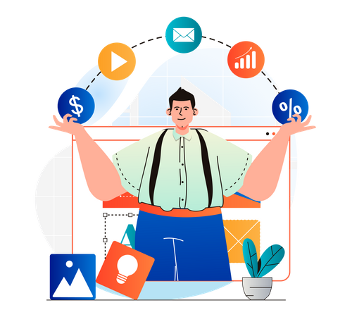 Man with multiple marketing ideas  일러스트레이션