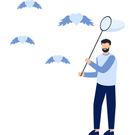 Man with Net Chasing Flying Hearts  Illustration