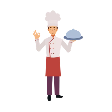Male Chef In A Cook Coat Is Serving Food And Making Ok Hand Sign Gesture Flat Vector Cartoon Character Illustration