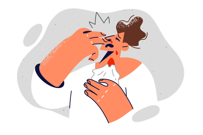 Man with nose bleed is holding towel and trying to solve high blood pressure problem  イラスト