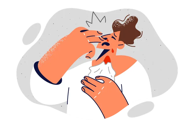 Man with nose bleed is holding towel and trying to solve high blood pressure problem  Illustration