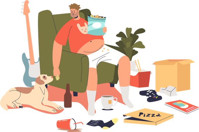 Man with obesity eating fast-food  Illustration