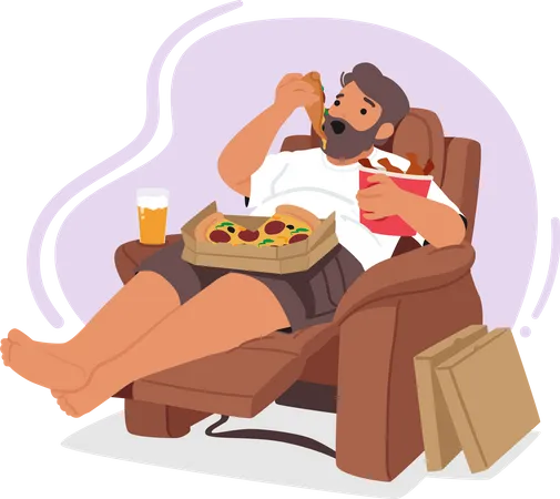 Man Character With Obsessive Eating Is Depicted Lying On Armchair Consuming Excessive Amounts Of Fast Food And Facing The Negative Consequences Of His Addiction Cartoon People Vector Illustration Illustration