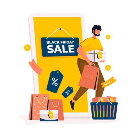 Man with online shopping black friday sale  Illustration