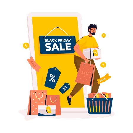 Man with online shopping black friday sale  Illustration