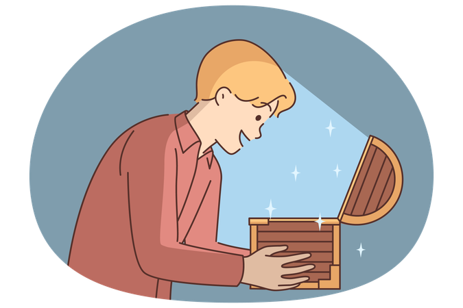 Man with open chest filled with treasures of lucky find and luck  Illustration