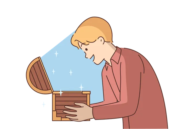 Man With Open Chest Filled With Treasures Or Jewels For Concept Of Lucky Find And Luck Delighted Guy Holds Wooden Chest With Rays Of Light Illuminating Face And Shouts WOW Sees Contents Illustration