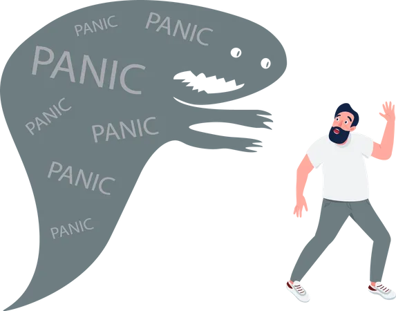 Man With Panic Attack Flat Concept Vector Illustration Guy Running From Monster In Panic 2 D Cartoon Character For Web Design Terrified Person Escaping Problems Anxiety Phobia Creative Idea Illustration