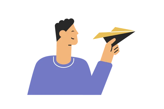 Young Man Sends A Message In The Form Of A Paper Airplane Vector Illustration Made In Flat Designer On Transparent Layer Illustration