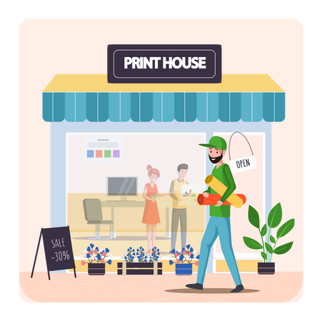 Man with papers is going to print house Illustration