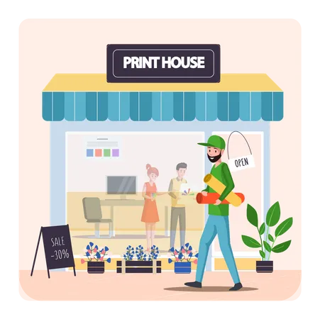 Man with papers is going to print house Illustration