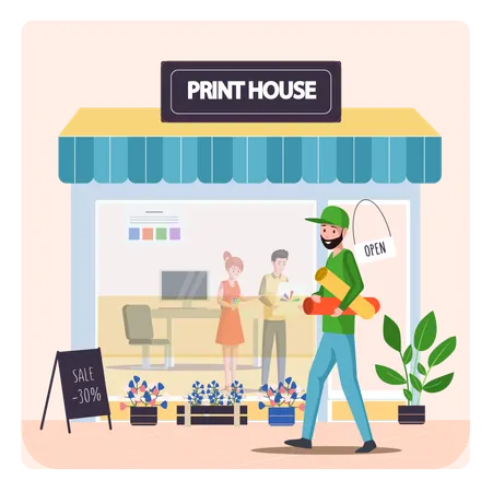 Man with papers is going to print house  Illustration