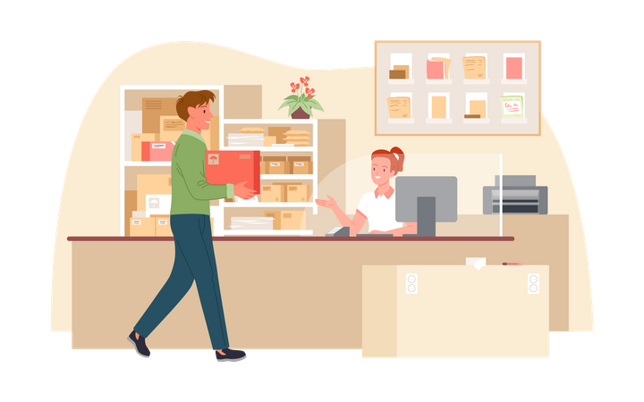 Man with parcel in Post office  Illustration