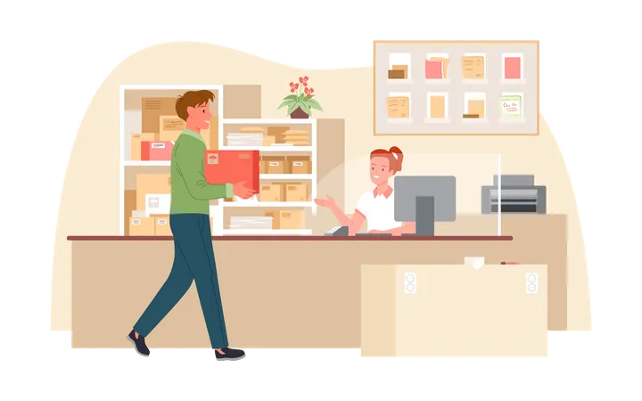 Man with parcel in Post office  Illustration