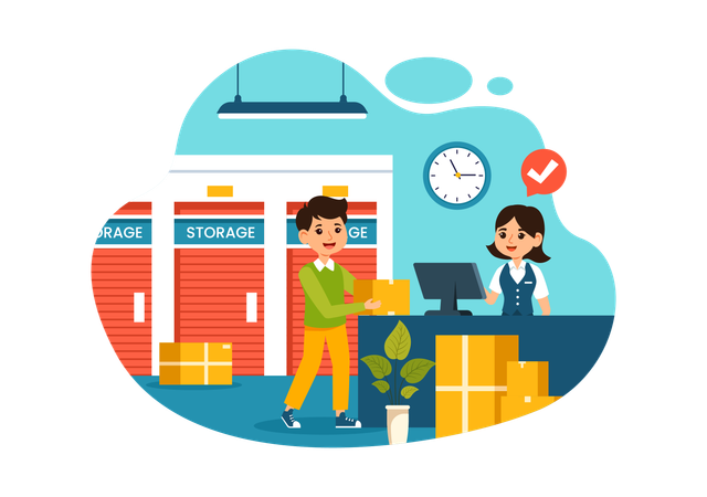 Man with parcel standing at post office counter  Illustration