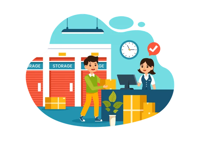 Man with parcel standing at post office counter  Illustration