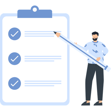 Man with Pencil Completing Tasks on a Clipboard  Illustration