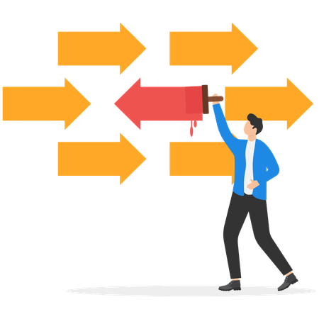 Man with pencil drawing Different color arrow to left in middle of many arrows heading to right  Illustration