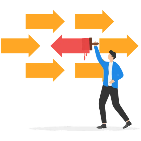 Man with pencil drawing Different color arrow to left in middle of many arrows heading to right  Illustration