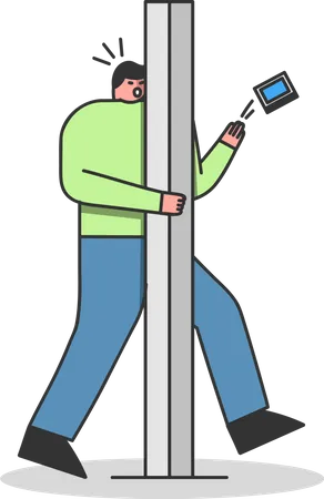 Man with phone bumping road pillar  Illustration