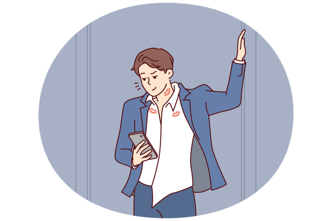 Man with phone with traces of lipstick on dishevel clothes is texting with girl  Illustration