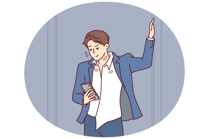 Man with phone with traces of lipstick on dishevel clothes is texting with girl  Illustration