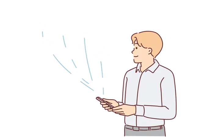 Man With Phone Uses Social Networks And Apps To Communicate With Friends Stands Near Icons Symbolizing Internet Chatting Guy With Smartphone Registers In Social Networks And Instant Messengers Illustration