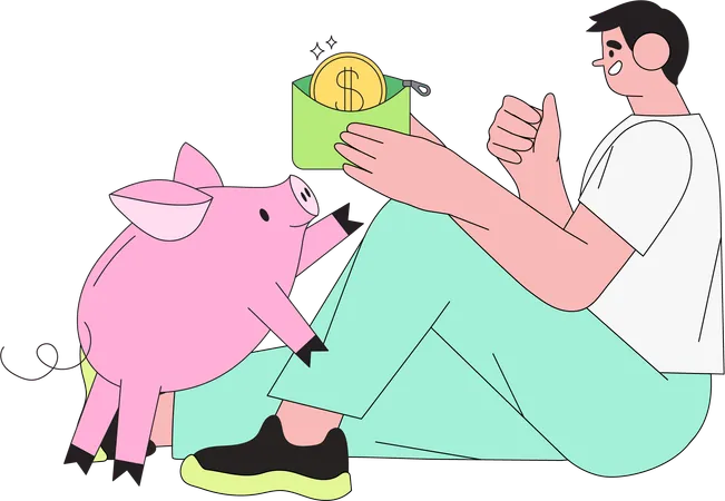 Man with piggybank analyze personal budget  Illustration