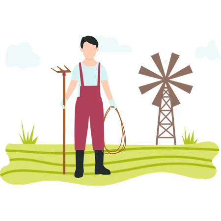 Man with pitchfork standing in farm  Illustration