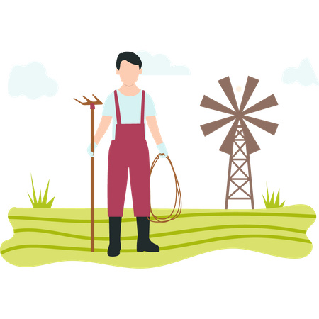 Man with pitchfork standing in farm  Illustration