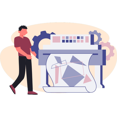 Man with printing machine while carefully adjusting settings and monitoring printing process  Illustration