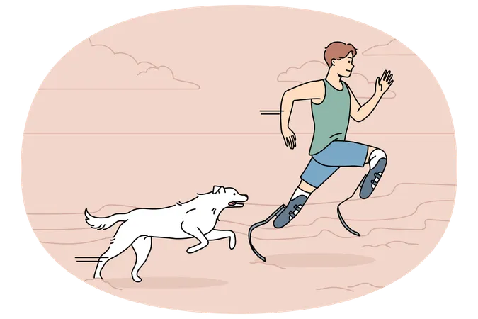 Man with prosthetic legs training jogging with pet outdoors  Illustration