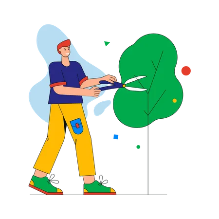 Man with pruner scissors cutting branches on trees  イラスト