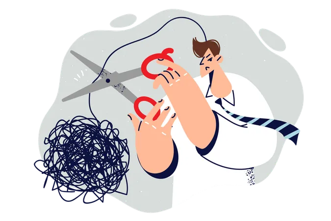 Man With Psychological Problems Cuts Off Tangled Cord Of Thought Symbolizing Stress Due To Toxic Work Businessman Gets Rid Of Stress That Causes Deterioration In Mood And Decrease In Productivity Illustration