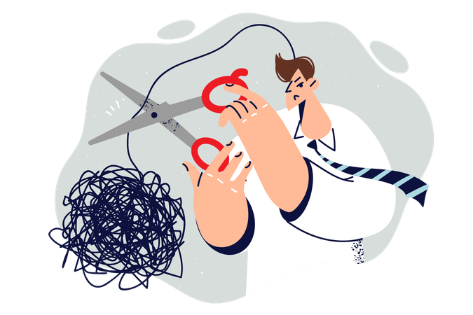 Man with psychological problems cuts off tangled cord  Illustration