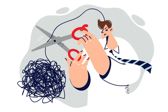 Man with psychological problems cuts off tangled cord  Illustration