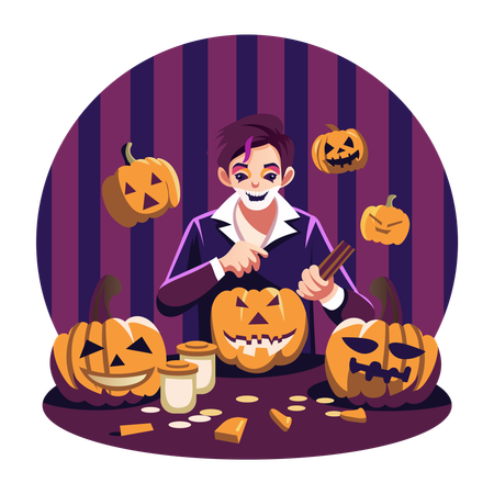 Man with Pumpkin Carving  Illustration