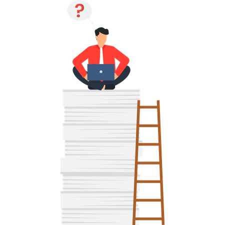 Man with Question Mark Thinking on Paper Stack with Ladder Business  Illustration