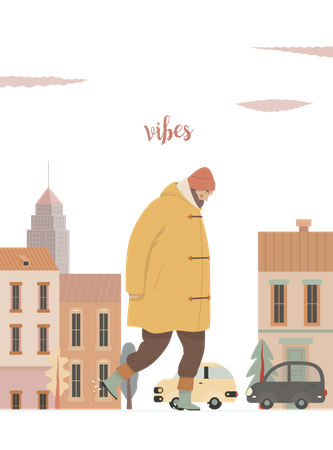 Man with raincoat walking on street Illustration