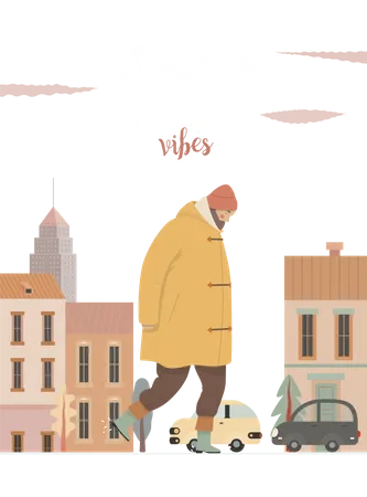 Man with raincoat walking on street  Illustration